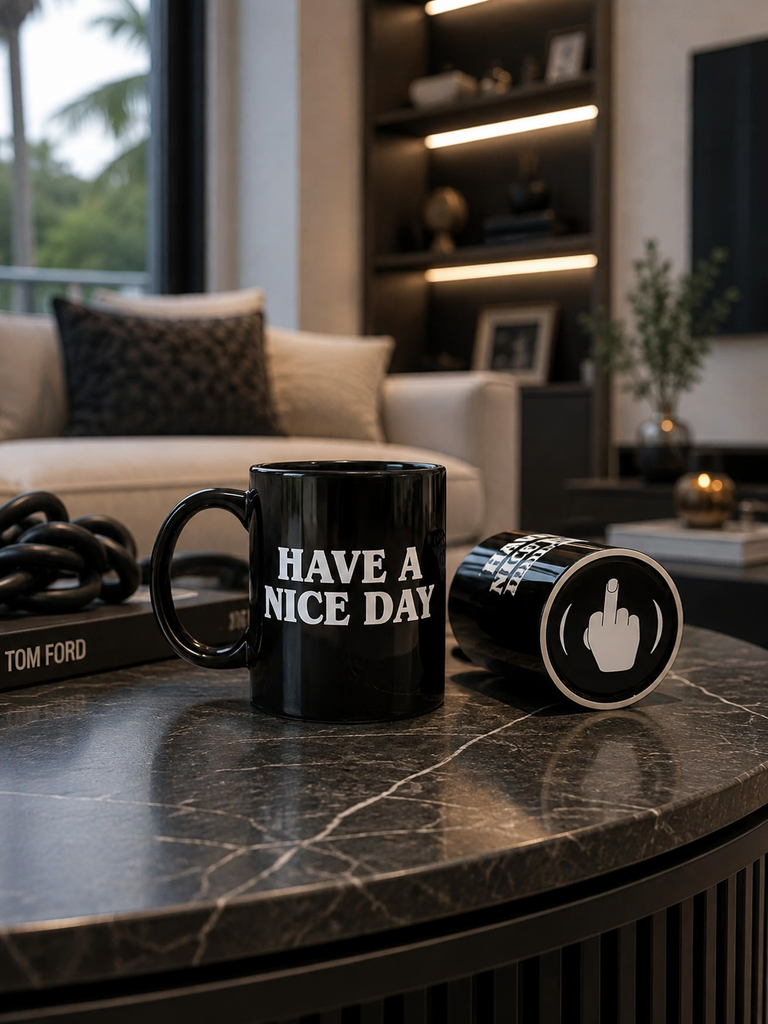 The Bottoms Up mug in a warm home setting, HAVE A NICE DAY on the front