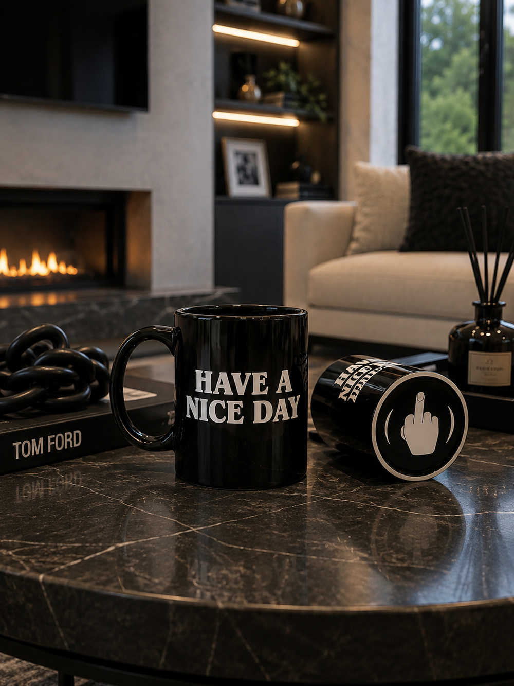 The Bottoms Up mug in a warm home setting, the reveal showing on the base