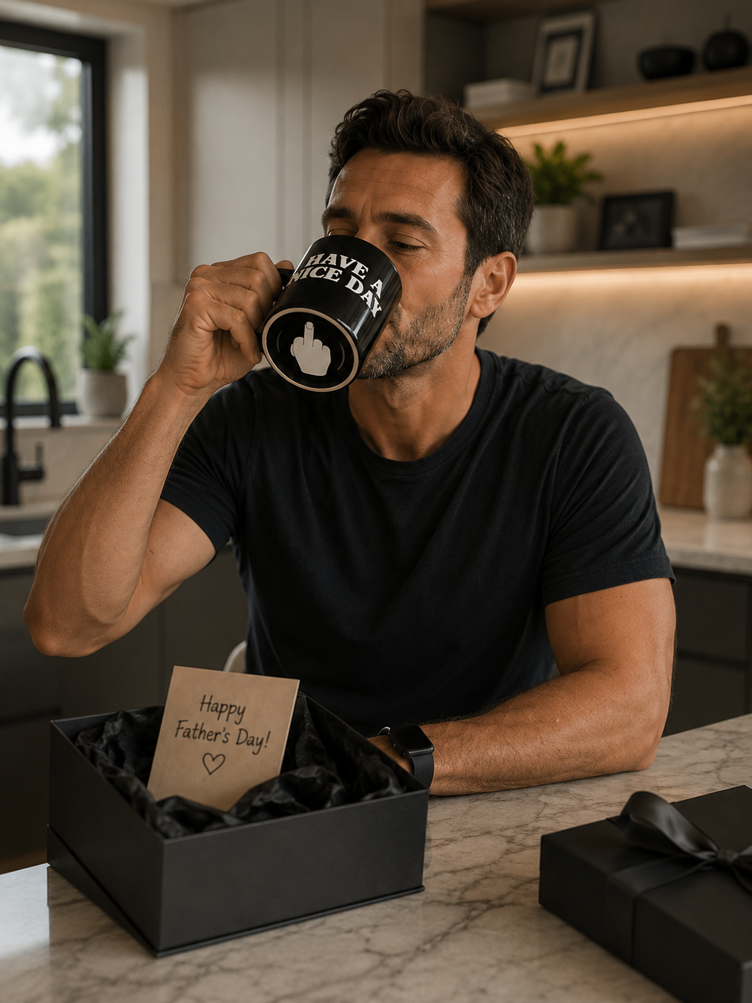 The Bottoms Up mug on a kitchen bench