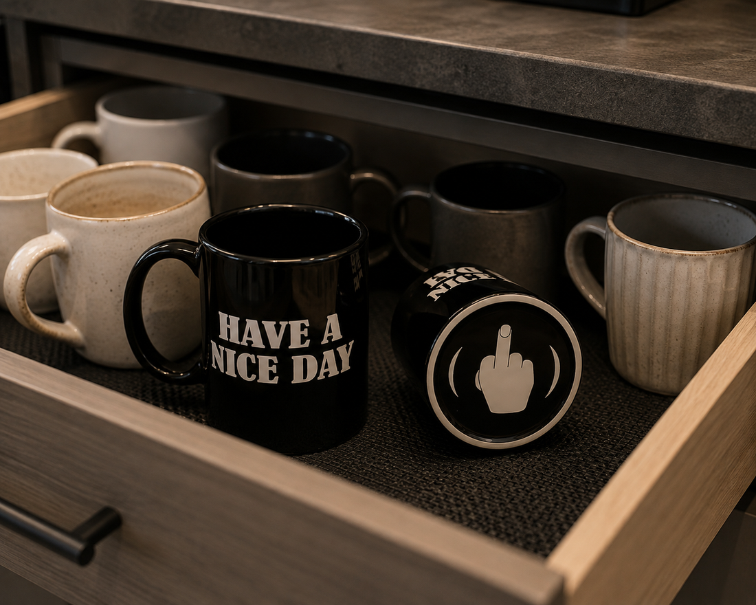 A drawer of ordinary mugs with the Bottoms Up mug among them, base showing the reveal