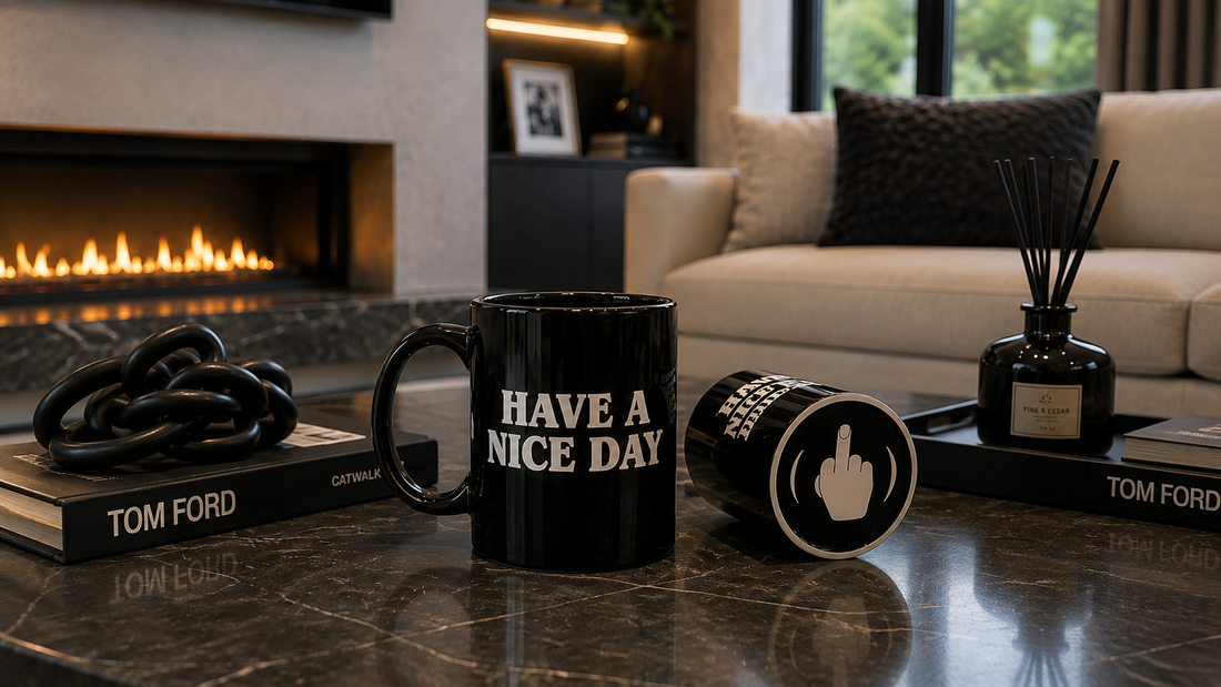 The Bottoms Up mug on a dark marble table beside a lit fireplace